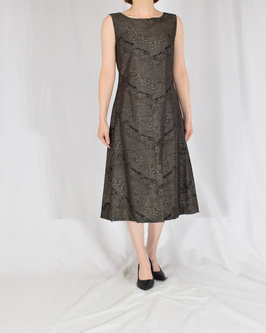 A-Line Sleeveless Dress, Gray Brown Floral Chevron, Upcycled Kimono Fabric