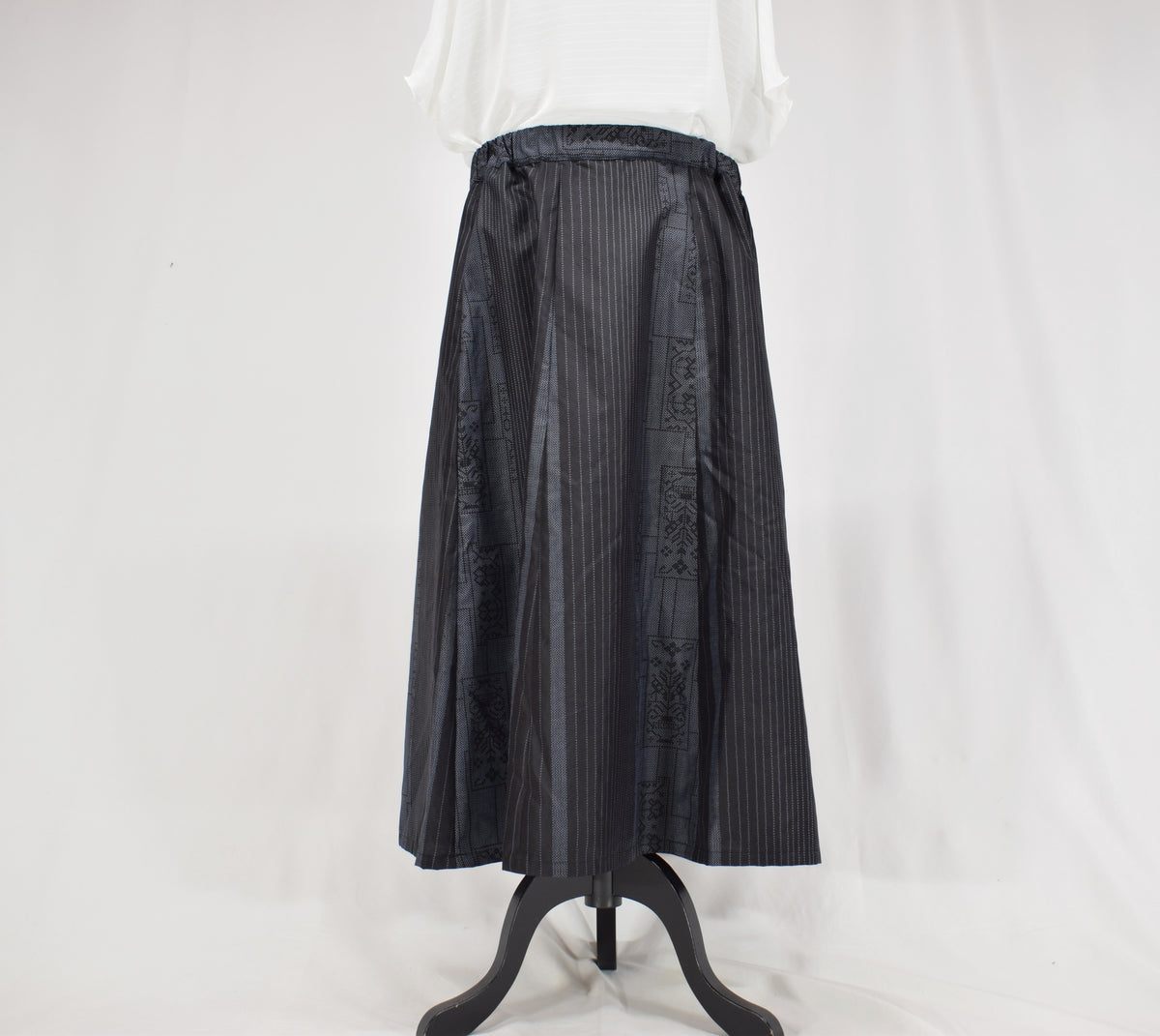 Eight-Panel Skirt, Navy Stripe and Geometric Motifs, Upcycled Kimono Fabric