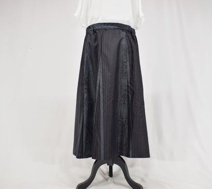 Eight-Panel Skirt, Navy Stripe and Geometric Motifs, Upcycled Kimono Fabric
