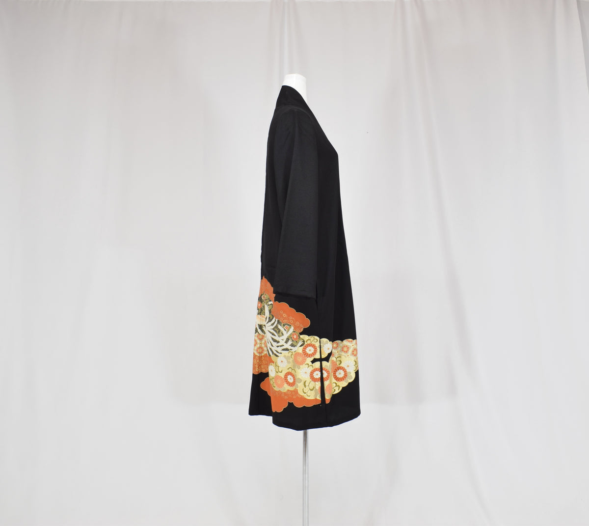 Haori Jacket, Black Crane, Cloud and Floral Motifs, Upcycled Kimono Fabric