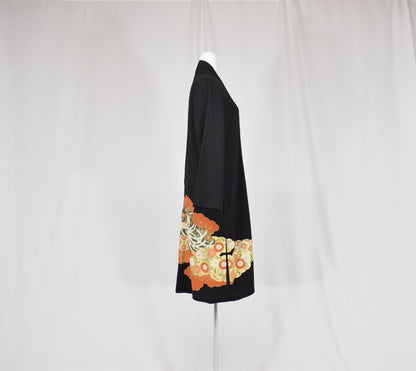 Haori Jacket, Black Crane, Cloud and Floral Motifs, Upcycled Kimono Fabric
