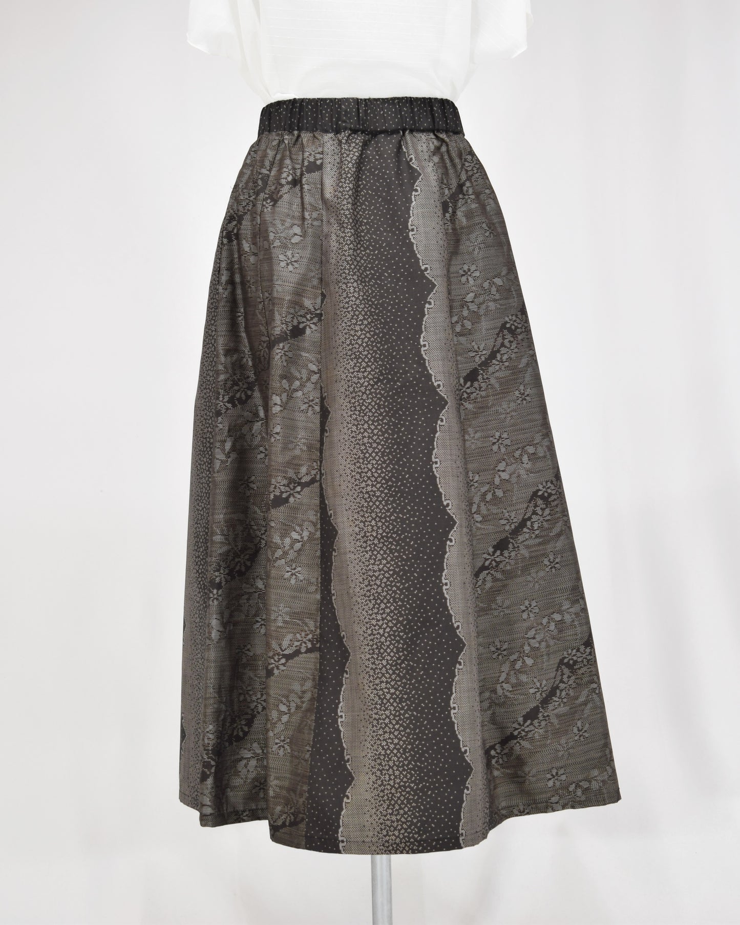 Six-Panel Skirt, Black and Gray Geometric and Botanical Motif, Upcycled Kimono Fabric