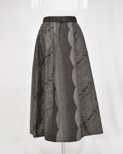 Six-Panel Skirt, Black and Gray Geometric and Botanical Motif, Upcycled Kimono Fabric