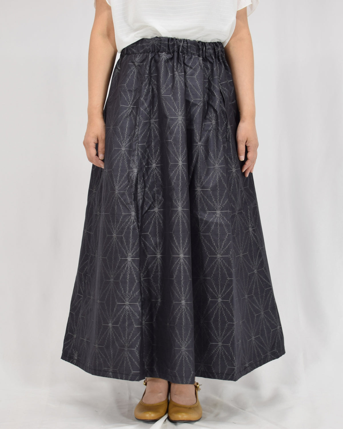 Seven-Panel Skirt, Navy Hemp Leaf Motif, Upcycled Kimono Fabric