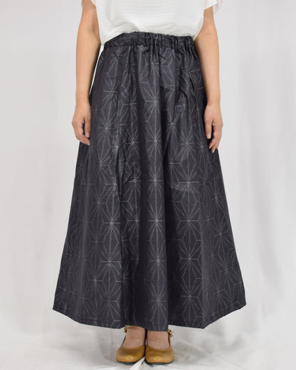 Seven-Panel Skirt, Navy Hemp Leaf Motif, Upcycled Kimono Fabric