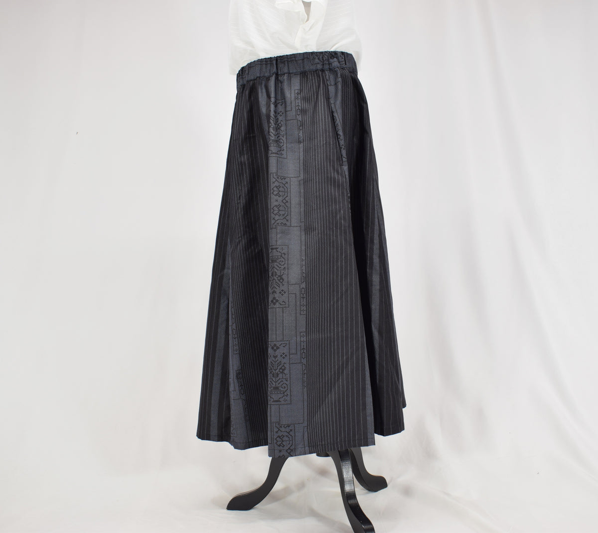 Eight-Panel Skirt, Navy Stripe and Geometric Motifs, Upcycled Kimono Fabric