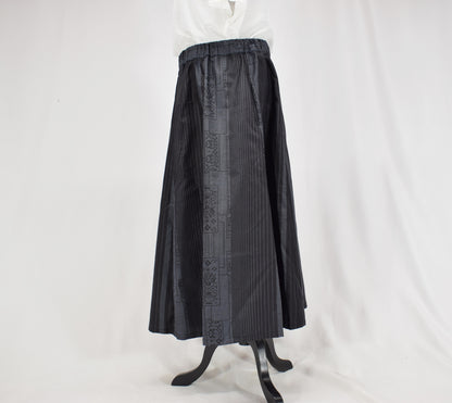 Eight-Panel Skirt, Navy Stripe and Geometric Motifs, Upcycled Kimono Fabric