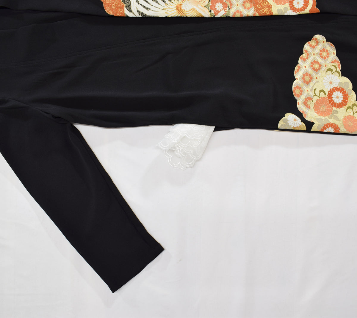 Haori Jacket, Black Crane, Cloud and Floral Motifs, Upcycled Kimono Fabric