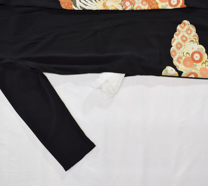 Haori Jacket, Black Crane, Cloud and Floral Motifs, Upcycled Kimono Fabric