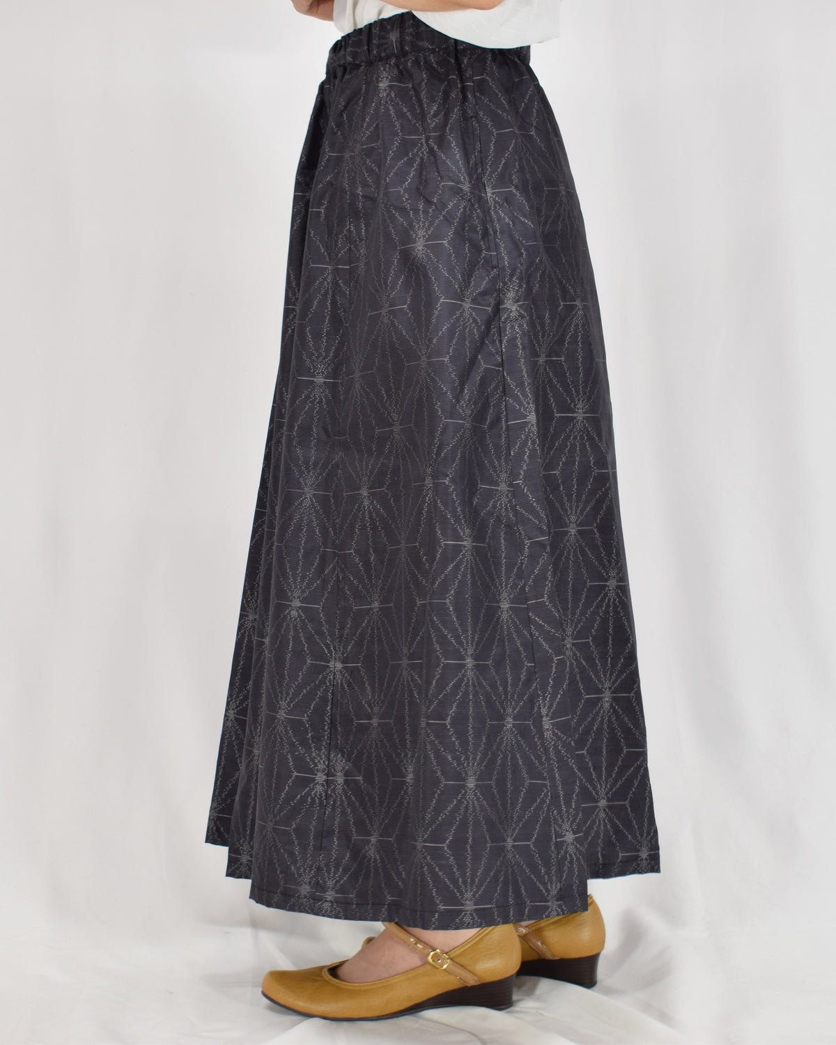 Seven-Panel Skirt, Navy Hemp Leaf Motif, Upcycled Kimono Fabric