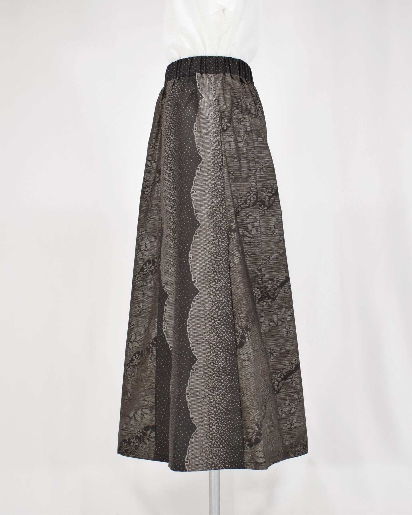 Six-Panel Skirt, Black and Gray Geometric and Botanical Motif, Upcycled Kimono Fabric