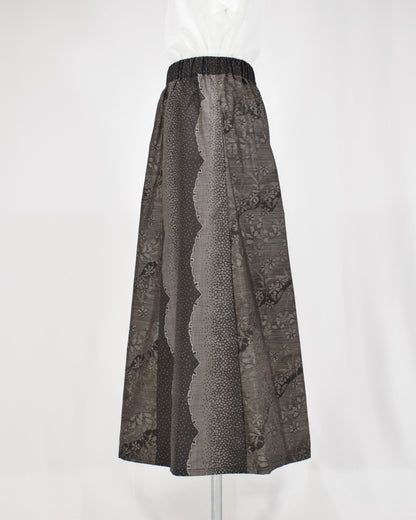 Six-Panel Skirt, Black and Gray Geometric and Botanical Motif, Upcycled Kimono Fabric
