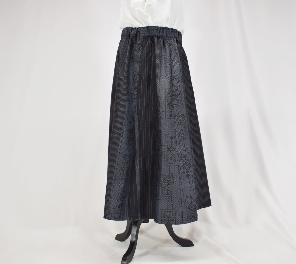 Eight-Panel Skirt, Navy Stripe and Geometric Motifs, Upcycled Kimono Fabric