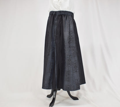 Eight-Panel Skirt, Navy Stripe and Geometric Motifs, Upcycled Kimono Fabric