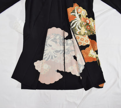 Haori Jacket, Black Crane, Cloud and Floral Motifs, Upcycled Kimono Fabric