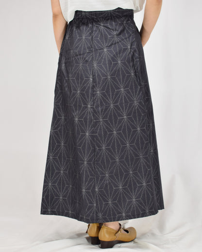 Seven-Panel Skirt, Navy Hemp Leaf Motif, Upcycled Kimono Fabric
