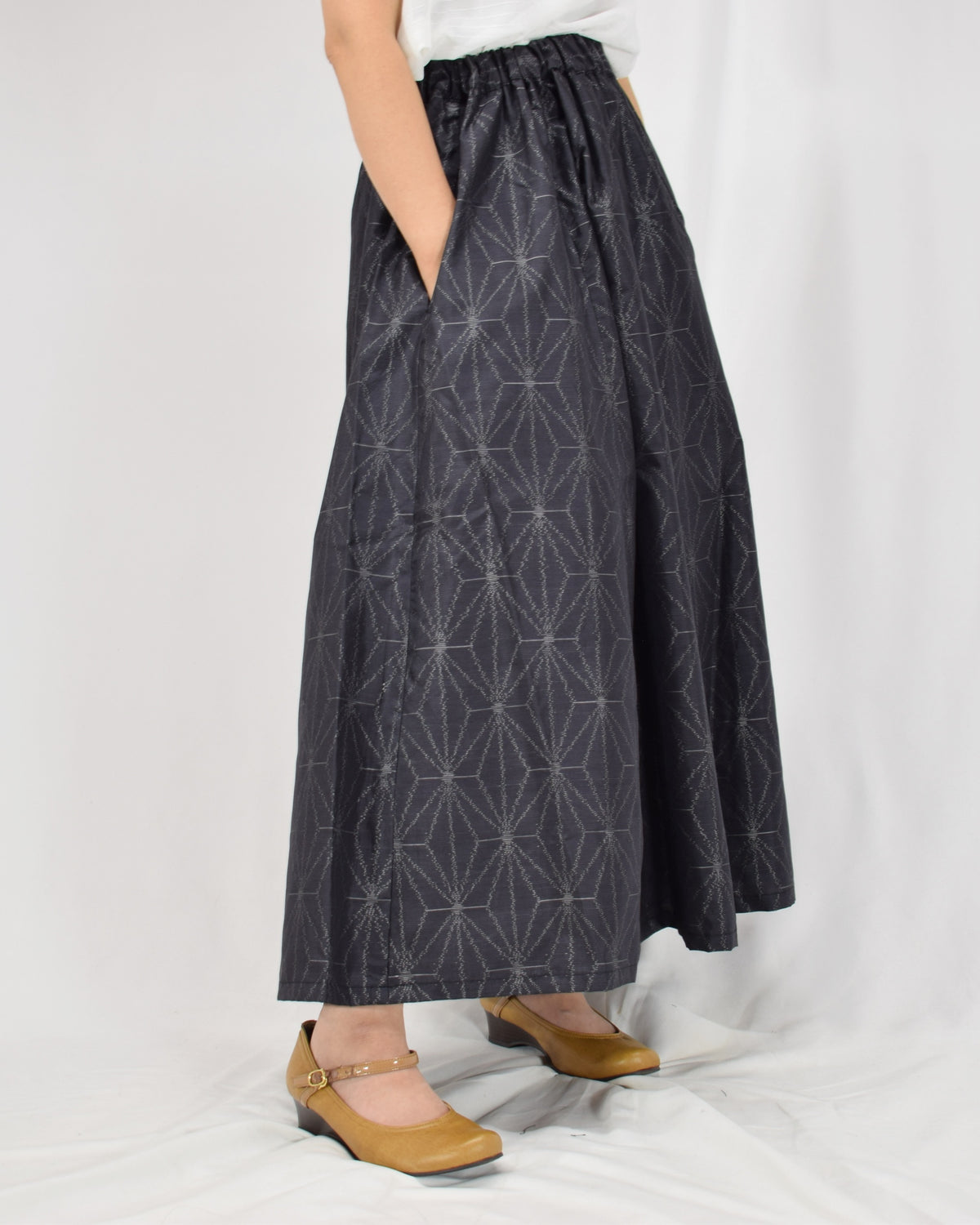Seven-Panel Skirt, Navy Hemp Leaf Motif, Upcycled Kimono Fabric
