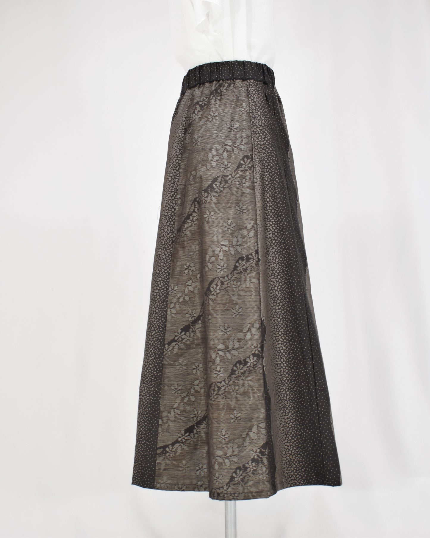 Six-Panel Skirt, Black and Gray Geometric and Botanical Motif, Upcycled Kimono Fabric