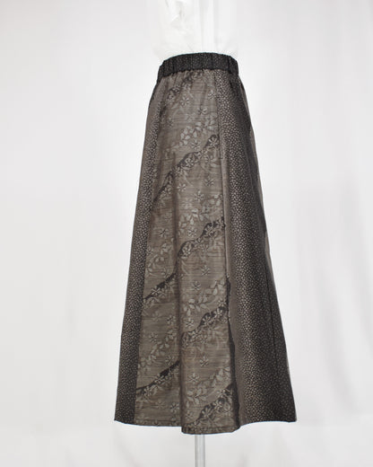 Six-Panel Skirt, Black and Gray Geometric and Botanical Motif, Upcycled Kimono Fabric
