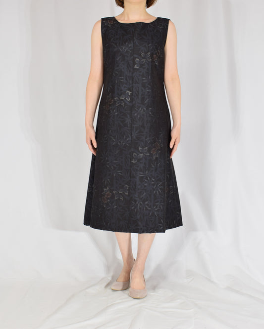 A-Line Sleeveless Dress, Navy Botanical, Upcycled Kimono Fabric