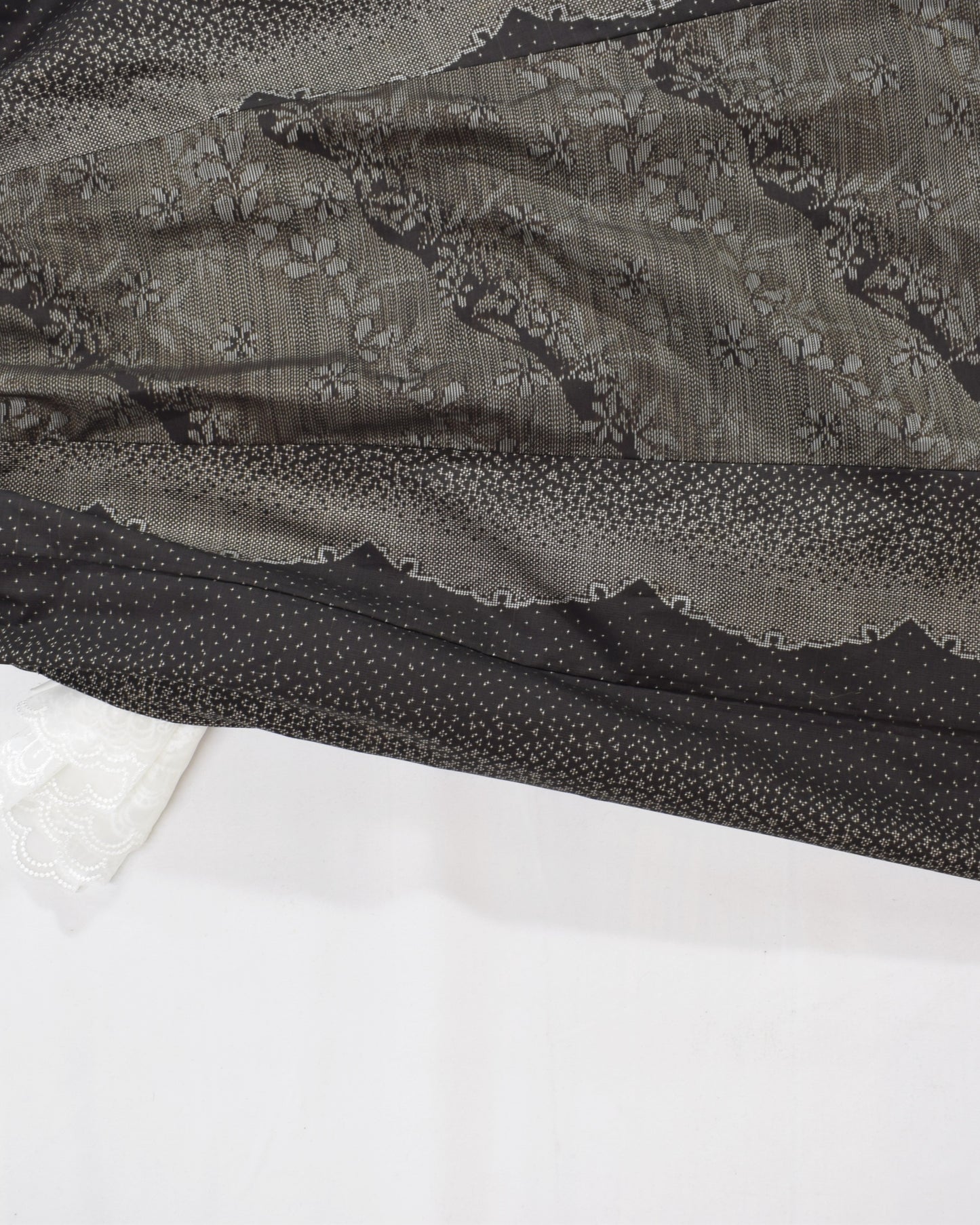 Six-Panel Skirt, Black and Gray Geometric and Botanical Motif, Upcycled Kimono Fabric