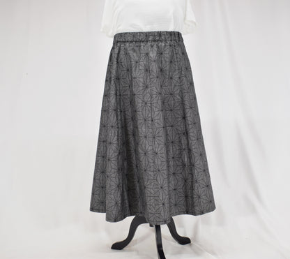 Eight-Panel Skirt, Gray Hemp Leaf Motif, Upcycled Kimono Fabric