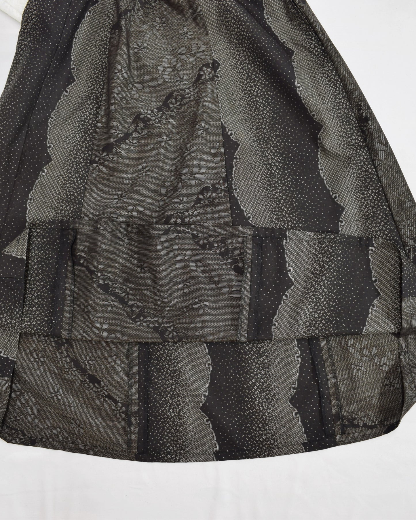 Six-Panel Skirt, Black and Gray Geometric and Botanical Motif, Upcycled Kimono Fabric