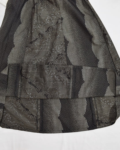 Six-Panel Skirt, Black and Gray Geometric and Botanical Motif, Upcycled Kimono Fabric