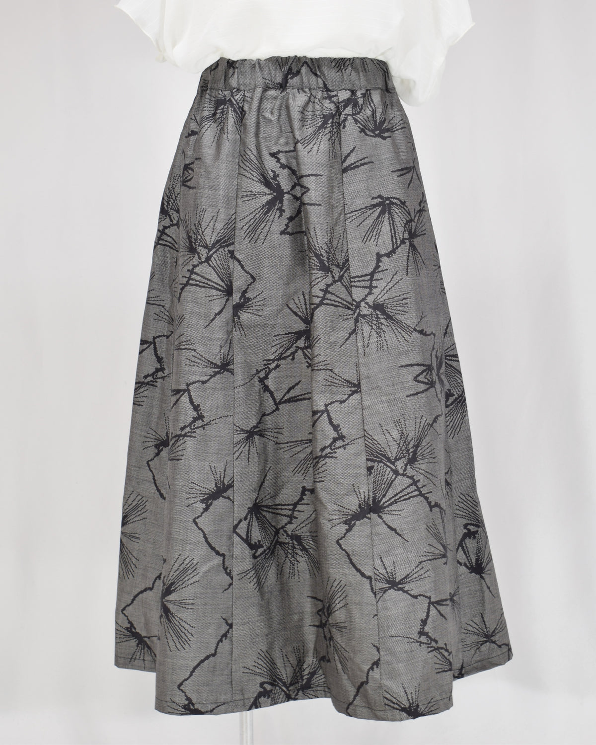 Seven-Panel Skirt, Gray Pine Motif, Upcycled Kimono Fabric