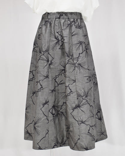 Seven-Panel Skirt, Gray Pine Motif, Upcycled Kimono Fabric