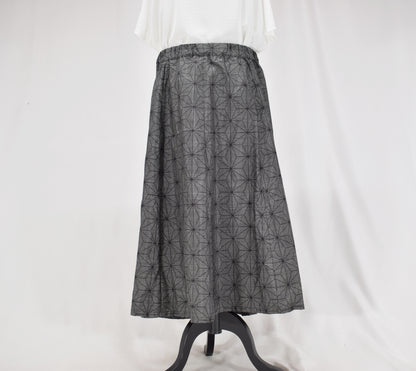 Eight-Panel Skirt, Gray Hemp Leaf Motif, Upcycled Kimono Fabric