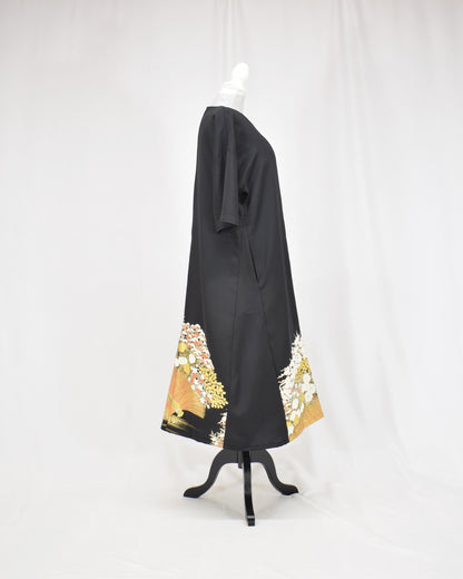 梅と草花文様 留袖ワンピース 黒留袖リメイク 一点物