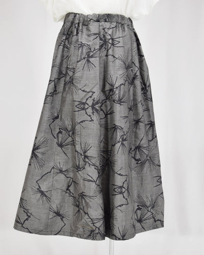 Seven-Panel Skirt, Gray Pine Motif, Upcycled Kimono Fabric