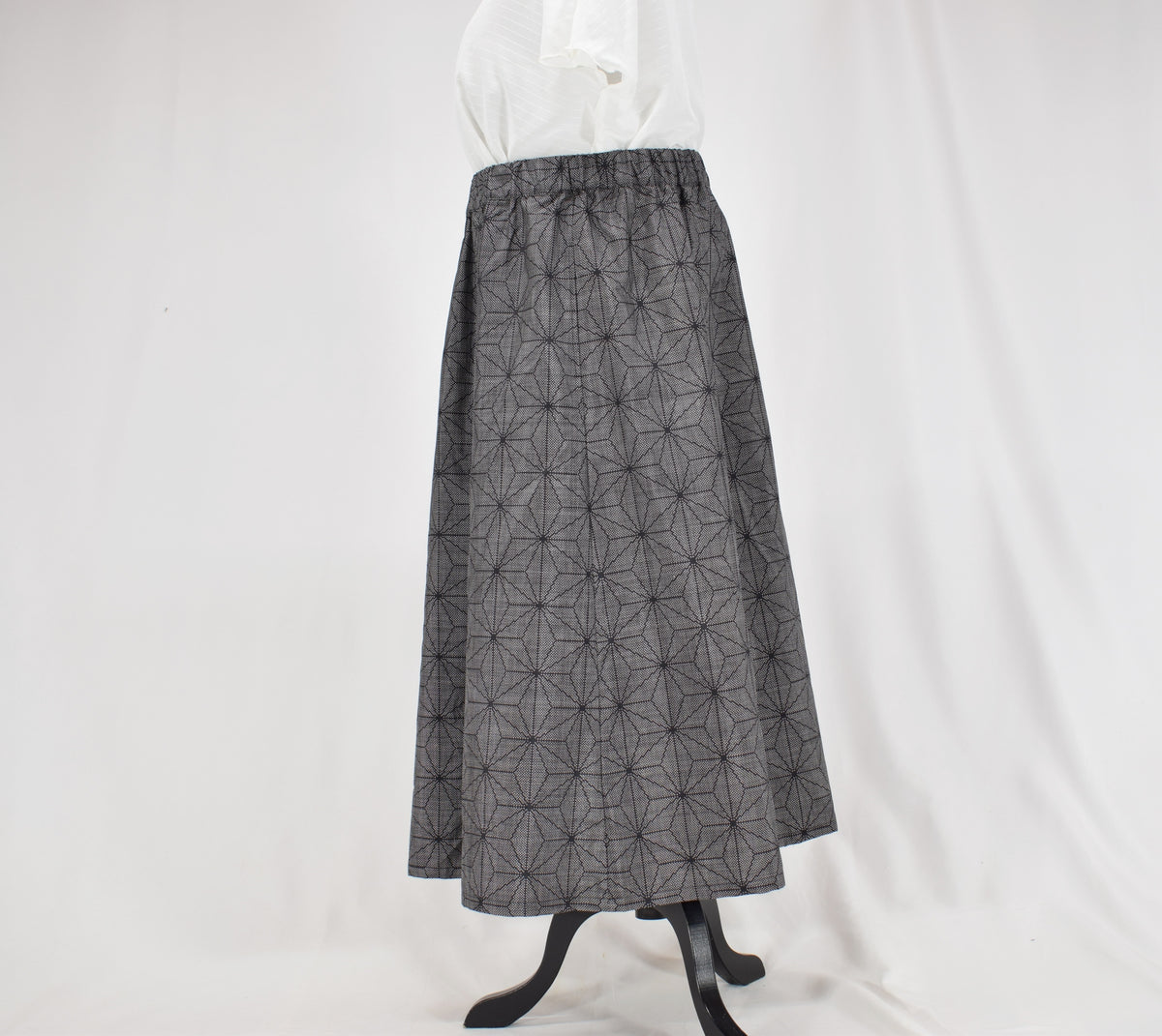 Eight-Panel Skirt, Gray Hemp Leaf Motif, Upcycled Kimono Fabric