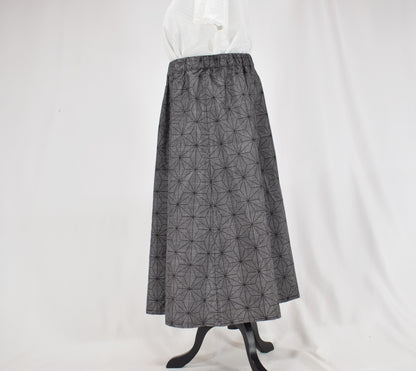 Eight-Panel Skirt, Gray Hemp Leaf Motif, Upcycled Kimono Fabric