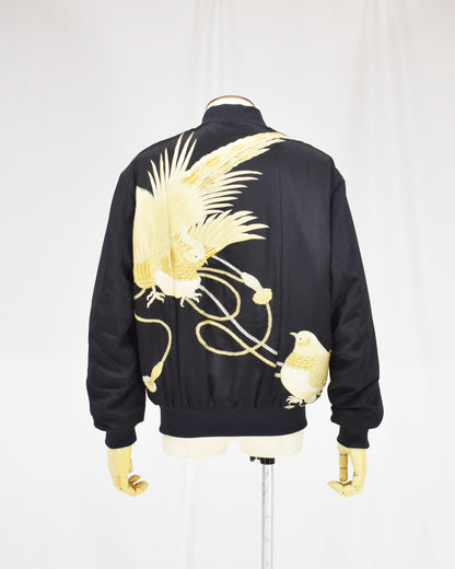 MA-1 Jacket, Black Bird and Decorative Cord Motifs, Upcycled Kimono Fabric
