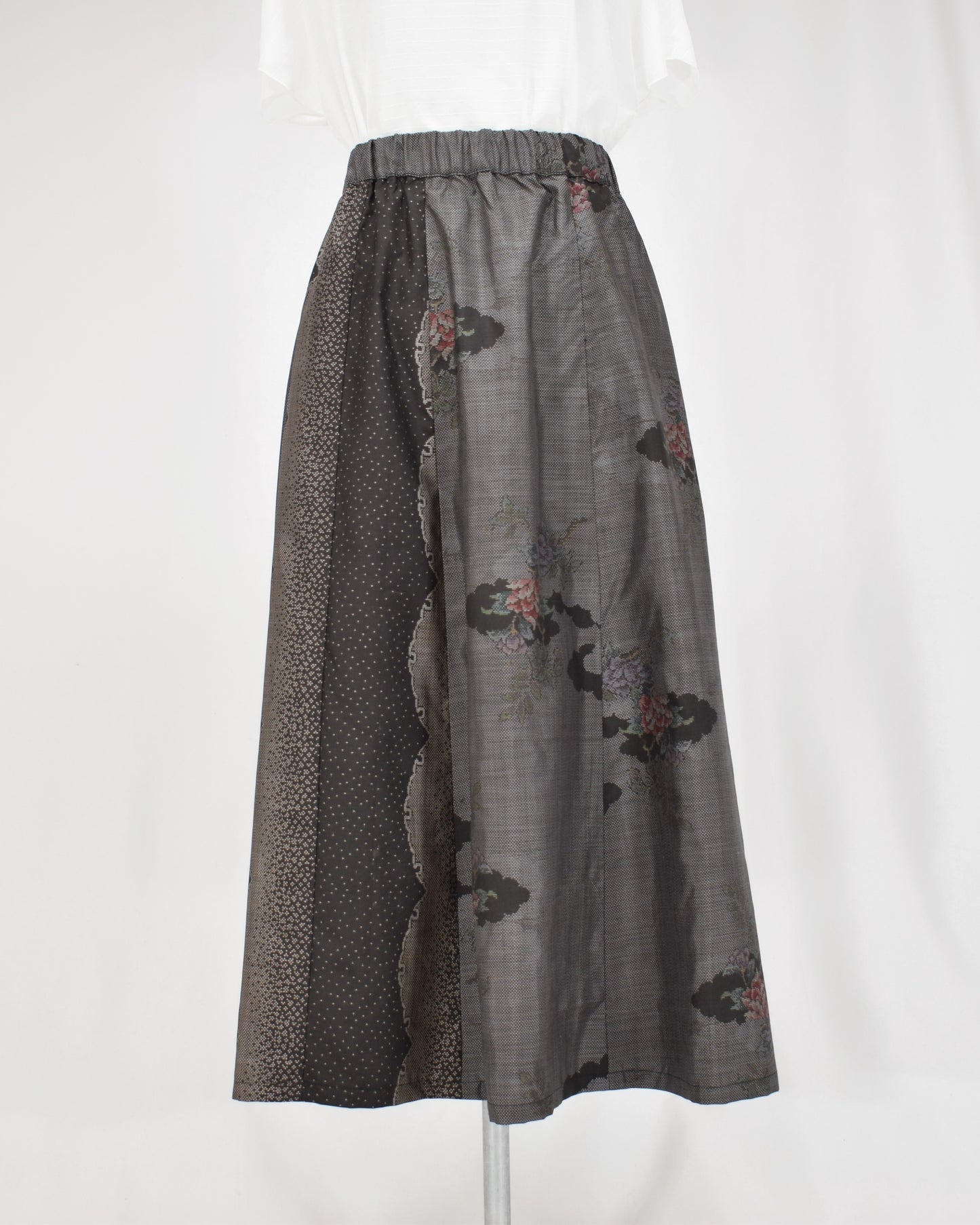 Six-Panel Skirt, Gray and Black Floral Motif, Upcycled Kimono Fabric