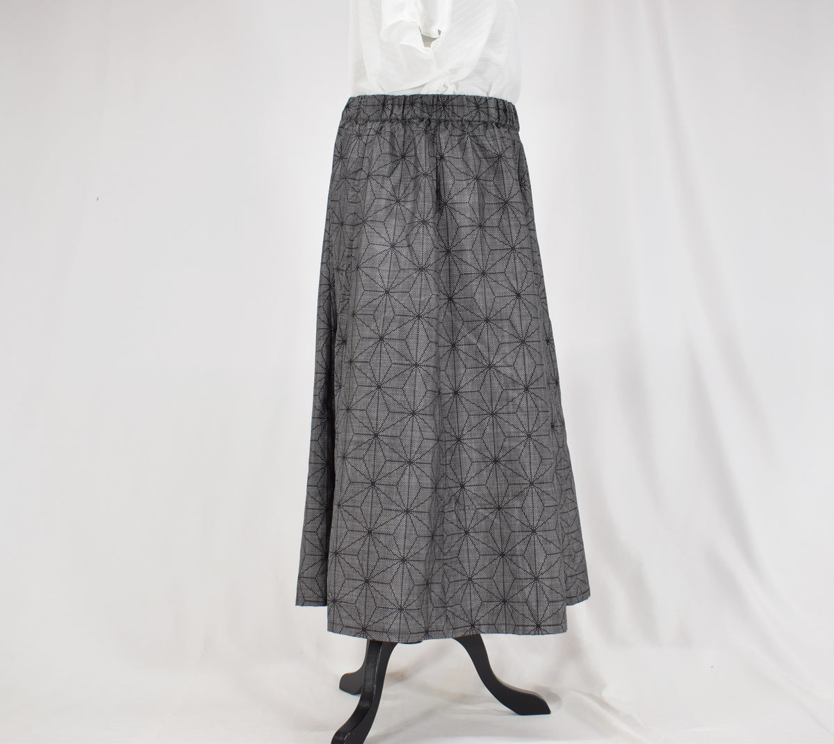 Eight-Panel Skirt, Gray Hemp Leaf Motif, Upcycled Kimono Fabric