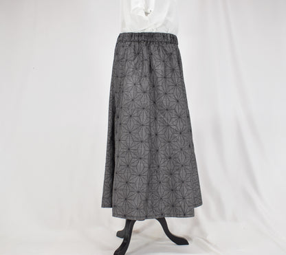Eight-Panel Skirt, Gray Hemp Leaf Motif, Upcycled Kimono Fabric