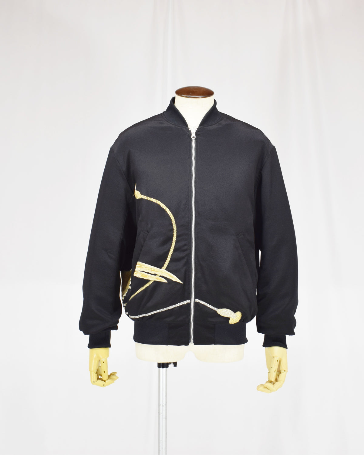 MA-1 Jacket, Black Bird and Decorative Cord Motifs, Upcycled Kimono Fabric