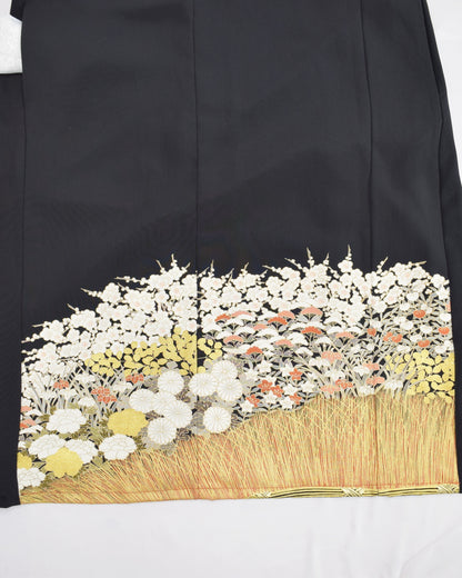 梅と草花文様 留袖ワンピース 黒留袖リメイク 一点物