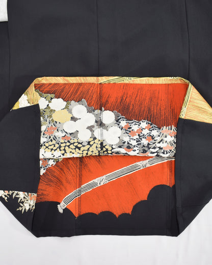 梅と草花文様 留袖ワンピース 黒留袖リメイク 一点物