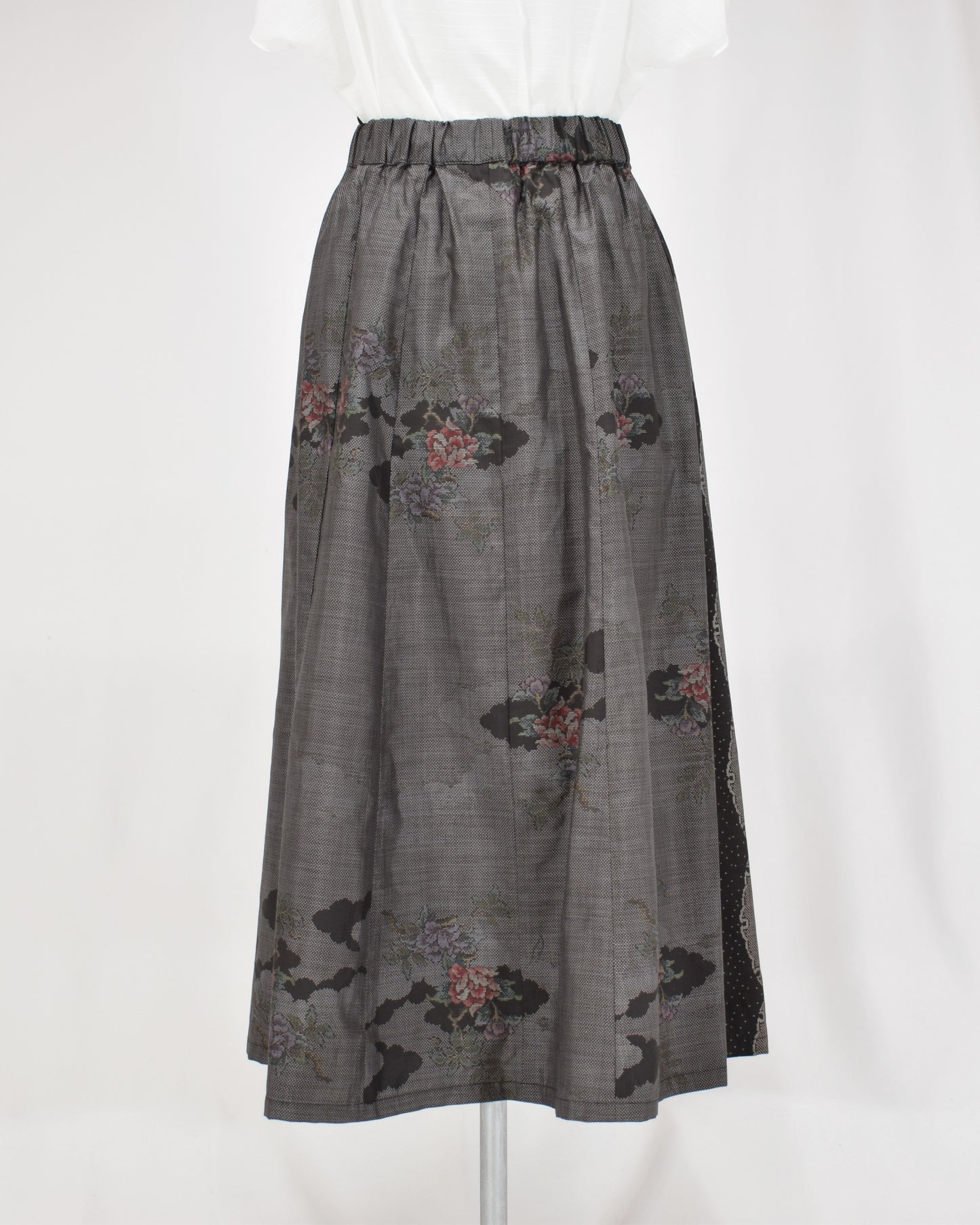 Six-Panel Skirt, Gray and Black Floral Motif, Upcycled Kimono Fabric