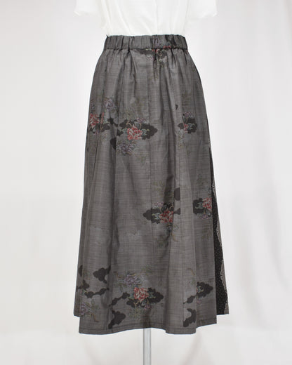 Six-Panel Skirt, Gray and Black Floral Motif, Upcycled Kimono Fabric