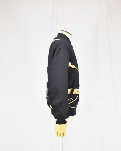 MA-1 Jacket, Black Bird and Decorative Cord Motifs, Upcycled Kimono Fabric