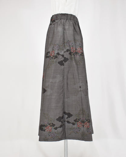 Six-Panel Skirt, Gray and Black Floral Motif, Upcycled Kimono Fabric