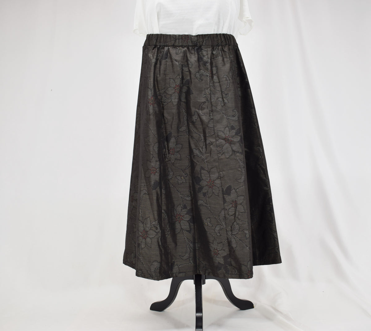 Eight-Panel Skirt, Dark Brown Floral Motif, Upcycled Kimono Fabric