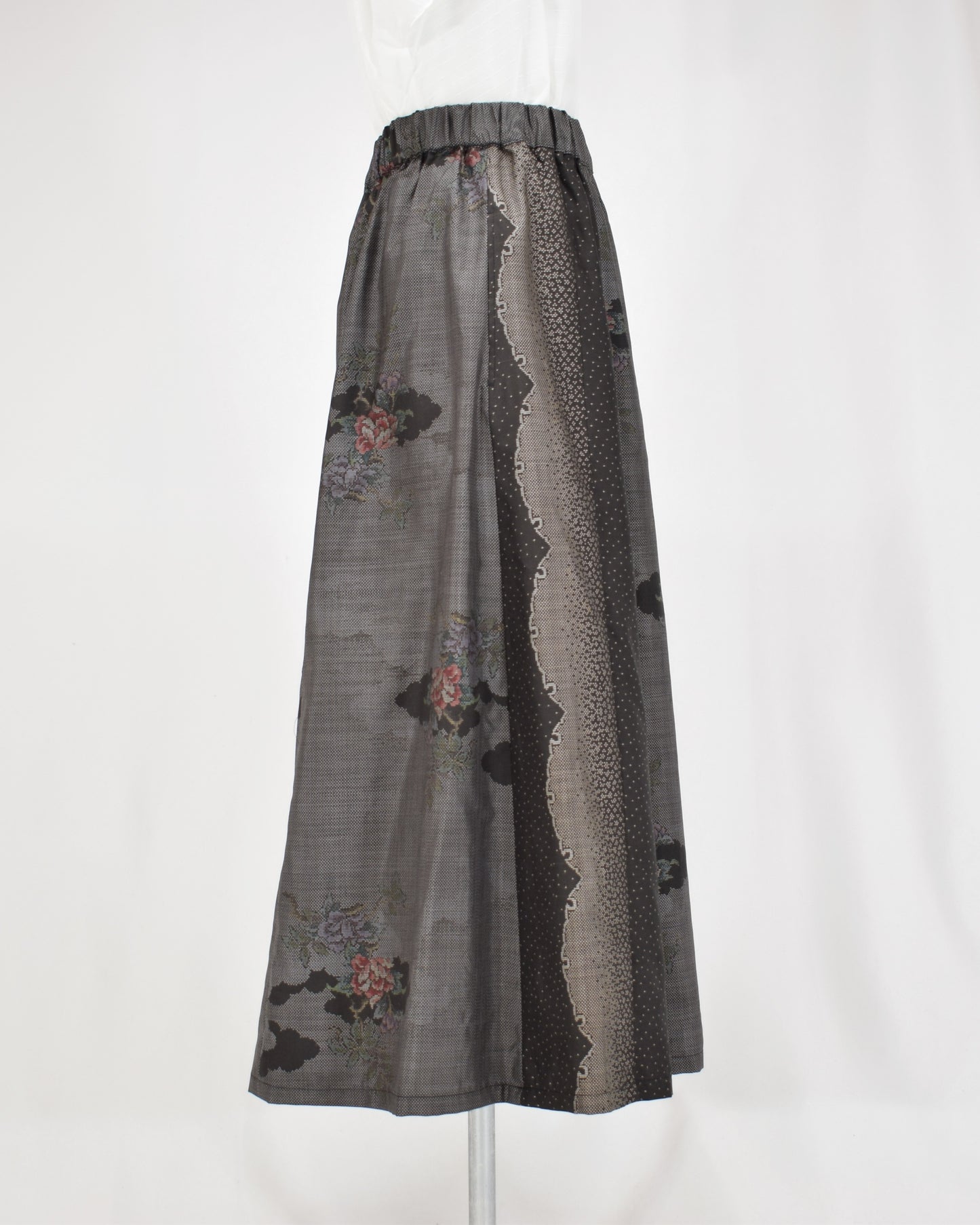 Six-Panel Skirt, Gray and Black Floral Motif, Upcycled Kimono Fabric