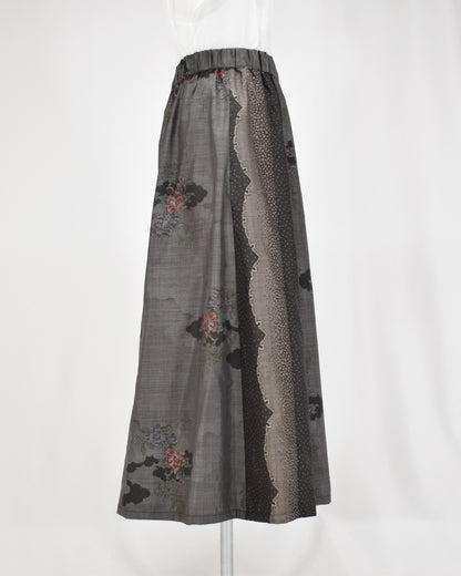 Six-Panel Skirt, Gray and Black Floral Motif, Upcycled Kimono Fabric