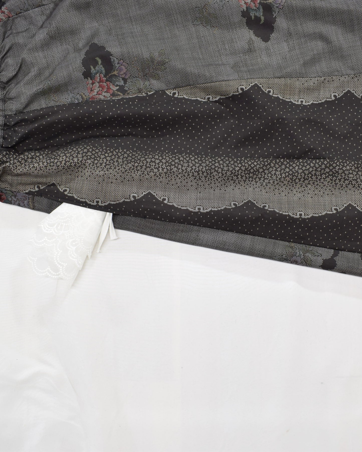 Six-Panel Skirt, Gray and Black Floral Motif, Upcycled Kimono Fabric